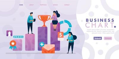 Landing page design of Business Bar Chart with flat Illustration cartoon character. Business data visualization of layout diagram, banner, web design,  web page, website, homepage, mobile apps, UI. vector