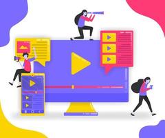 Illustration of play button and playlist. Monitor and smartphone with suscribe video, influencers looking for followers with video platform. flat vector concept for Landing page, website, mobile apps