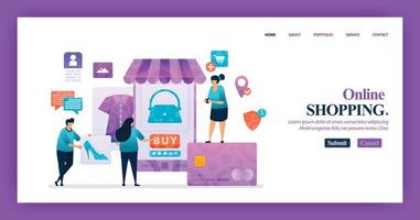 Landing page design of Mobile Shopping with flat Illustration cartoon character. Business data visualization of layout diagram, banner, web design,  web page, website, homepage, mobile apps, UI. vector