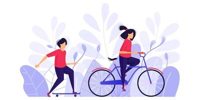 la gente hace ejercicio, se relaja y disfruta de la tarde en el parque en bicicleta y patineta. Ilustración de vector de concepto de personaje para página de destino web, banner, aplicaciones móviles, tarjeta, ilustración de libro