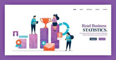 Landing page design of Business Bar Chart with flat Illustration cartoon character. Business data visualization of layout diagram, banner, web design,  web page, website, homepage, mobile apps, UI. vector