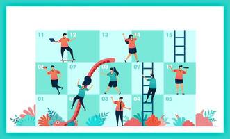 Vector design of Snakes and ladder in collaboration and teamwork. challenges in business. Player contributions teamwork to complete obstacles in snake and ladder game. Management in quiz and game