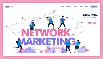marketing network to exchange information and sell product, SEO and online marketing to boost sales value and profit, utilize social media with promo and ads content . Flat illustration vector design.