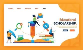 Educational scholarship landing page yellow vector concept with flat cartoon character and icon. homepage design can be use for landing page, web, mobile apps ui, poster, flyer, marketing, promotion.