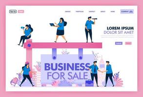 Search and find good business for sale in the region or country, Platform acquisitions to analyze and calculate problem solution and future of business being sold. Flat illustration vector design.