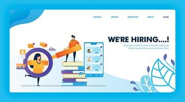 we're hiring fresh graduate concept design for landing page. flat cartoon character holding magnifying glass to see detail of job applicant data. can use for homepage, website, web, mobile app, poster vector