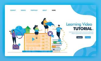 Learning Video Tutorial landing page blue vector concept with flat cartoon character and icon. homepage design can be use for landing page, web, mobile apps ui, poster, flyer, marketing, promotion.