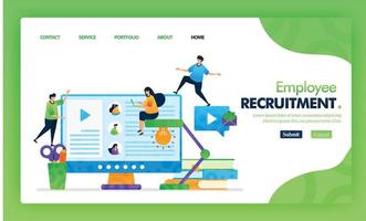 Employee recruitment landing page green vector concept with flat cartoon character and icon. homepage design can be use for landing page, web, mobile apps ui, poster, flyer, marketing, promotion.