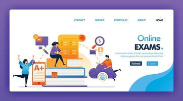 People take online exam concept design for landing pages. flat cartoon character take exam and get A plus results with a internet or cloud storage. can use for homepage, website, web, mobile apps, poster vector