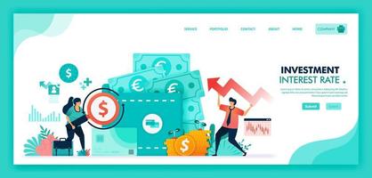Save money in time deposit, bank and wallet, Increase interest rates to improve economy, Banking investment with mutual fund financial product and currency market. Flat illustration vector design.