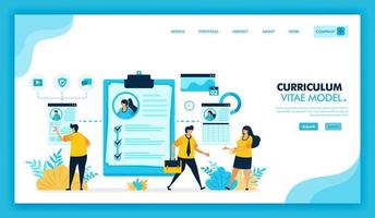 curriculum vitae online y cv online para dar de alta y encontrar trabajo en empresa. plataforma de búsqueda de empleo o vacantes para recién graduados que buscan empleo, empleados de contratación corporativa. diseño de vector de ilustración plana.