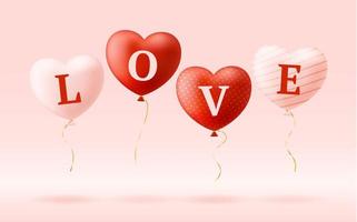 Love word on realistic heart balloons vector