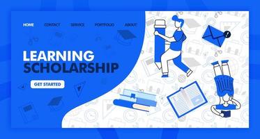 Landing page for learning and scholarship in line style and cartoon flat illustration. Girl read and holding pencil with stationary background pattern. Can for Website, UI UX, Web, Mobile App, Poster vector