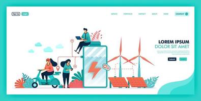 Green energy and more environmentally friendly source, Saving battery and earth with clean energy, Future smart energy with windmill, nuclear and solar panels. Flat illustration vector design concept.