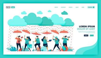 Secure yourself and self protection with high quality and guaranteed health insurance product, people wear umbrellas to protect from rain, Insurance referral program. Flat illustration vector design.