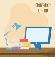 online education, computer books and desk lamp study vector