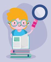 education online, student boy with magnifier and stack books vector