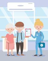 nurse with grandparents medical first aid, doctors and elderly people vector