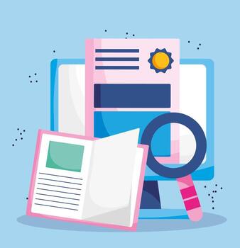 education online, computer magnifier certificate and book vector