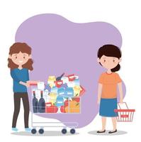 woman with full shopping cart and another worried with empty basket, excess purchase vector