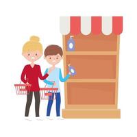 Woman and man shopping with baskets and shelf vector design