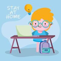 education online, student boy studying with computer in desk and backpack vector