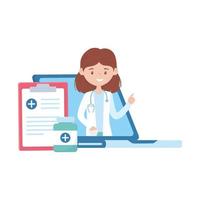 Woman doctor medicine jar and document vector design