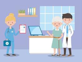 physician nurse and grandma with medical report, doctors and elderly people vector