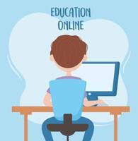 online education, student sitting in chair study with computer back view vector