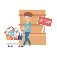 Man shopping with cart products shelf and sold out banner vector design