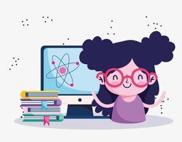 educación en línea, chica estudiante con libros de pila y dibujos animados de computadora vector