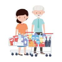 Old man and woman shopping with carts vector design