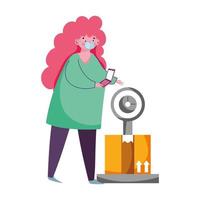 mujer con smartphone y peso de entrega con caja ecommerce online shopping covid 19 coronavirus vector