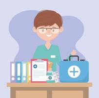 physician with kit first aid medical report and medicine, doctors and elderly people vector