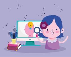 Educación en línea, estudiante con lupa, computadora y libros para aprender. vector