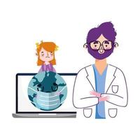 Man doctor world with mask woman and laptop vector design