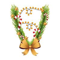 christmas golden bow with pine leafs and lights vector