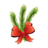 happy merry christmas red ribbon and leafs pine tree vector