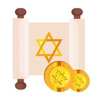 estrella de oro judía hanukkah en parche y monedas vector