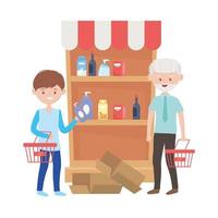 Old man and boy shipping with baskets vector design