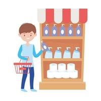 Man shopping with basket shelf and products vector design