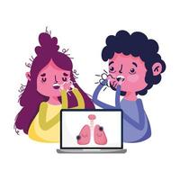 Woman and man with dry cough laptop and Covid 19 virus vector design