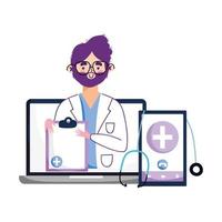 Isolated man doctor smartphone and laptop vector design