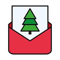 happy merry christmas pine tree in envelope line and fill style icon vector