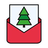 happy merry christmas pine tree in envelope line and fill style icon vector