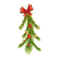 happy merry christmas leafs pine tree and red bow vector