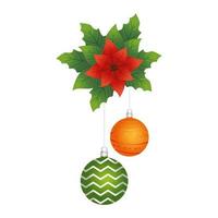 happy merry christmas balls hanging in floral decoration vector