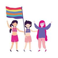 Orgullo desfile comunidad lgbt, mujeres y hombres con bandera juntos activista vector