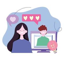 young couple romantic video call computer screen design image vector