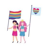 pride parade lgbt community, happy girls with crown flag heart love celebration vector